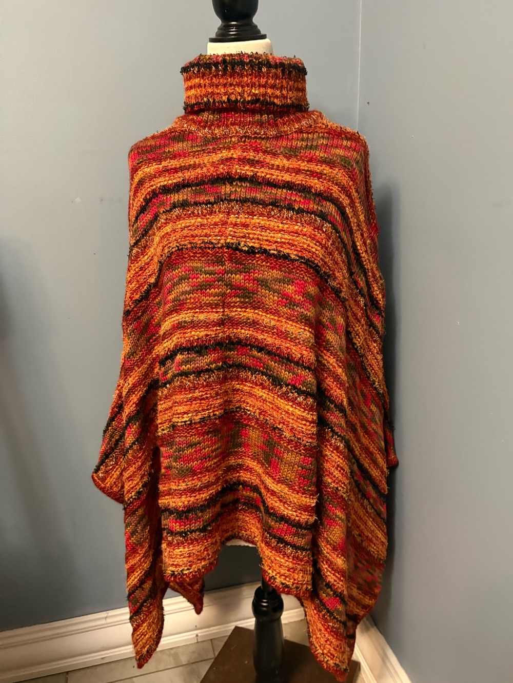 Chico's Multicolor Orange Red Knit Turtleneck Poncho Sweater